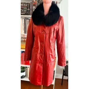 Vogue Virile Vintage Women's Red Leather Coat Real Fur Collar Size M 38 Retro